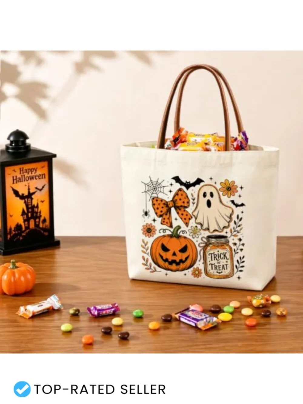 Halloween Pumpkin Ghost Canvas Tote Bag, Reusable Grocery and Beach Bag